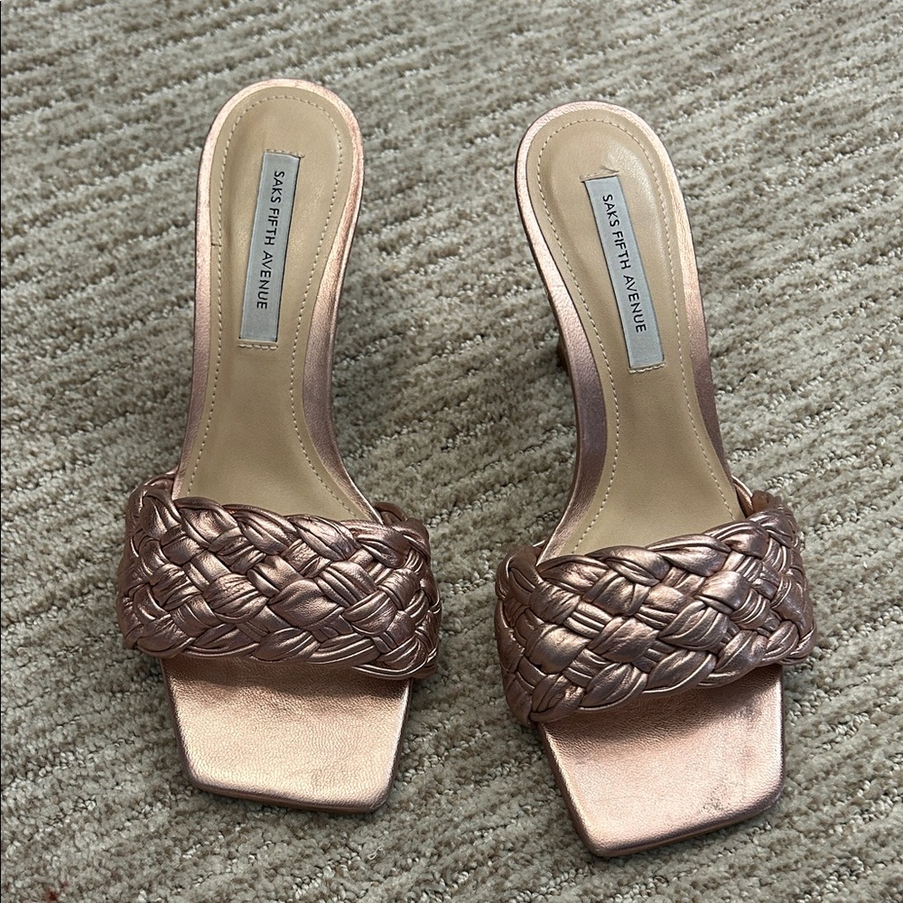 Saks Fifth Avenue Metallic Rose Gold Braided Slide Sandals